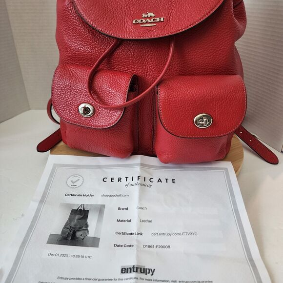 COACH Billie Rucksack Backpack bag purse Red Pebbled Leather with COA Vtg F29008 main image 9